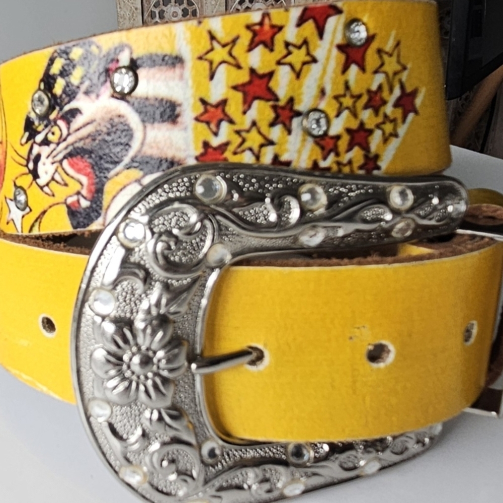 Ed Hardy Vintage Tattoo Mustard Yellow Death Or Glory Rinestone Leather Belt View 4